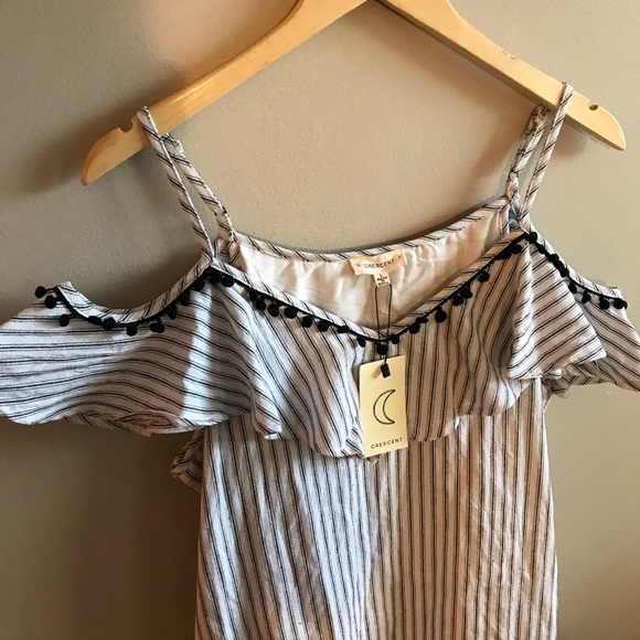 🎀NEW🎀Pinstripe and Pom-Pom Cold Shoulder Dress - Picture 5 of 8